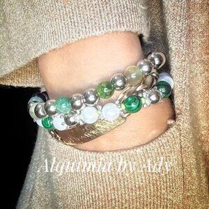 Green Gemstone Bracelet Stack | Malachite, Jade, Amethyst, Pearl Look + Silve